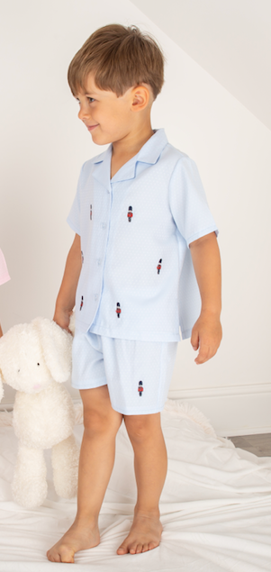 Blue Short-Sleeve Pyjama Set with Soldier Embroidery