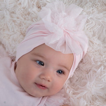 Pink Cotton Baby Turban with Tulle Accent