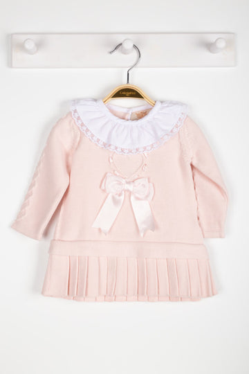 Pink Knitted Baby Dress with Lace Collar and Bow Detail