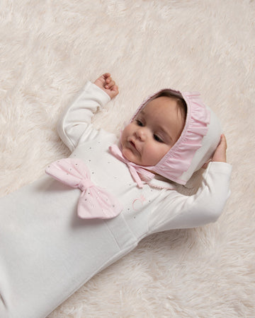 Ivory Baby Romper with Pink Bow and Crystal Embellishments