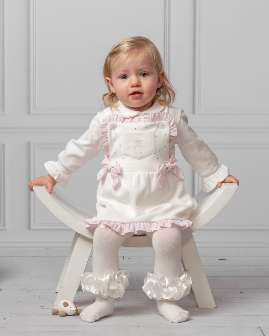 Ivory and Pink Baby Dress with Ruffles and Matching Hat