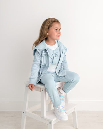 Sky Blue Bow Detail Three-Piece Tracksuit Set with Diamantes