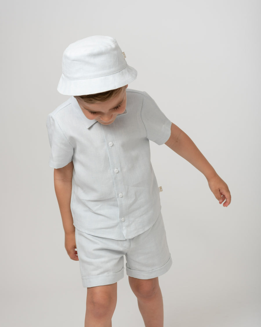 Sky Linen Blend Short Set with Hat