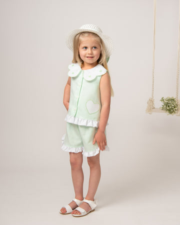 Mint Linen Blend Heart Trim Short Set