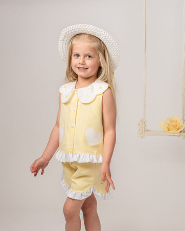 Lemon Linen Blend Heart Trim Short Set