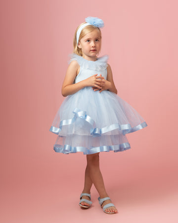 Sky Blue Tulle Dress with Satin Trim and Diamantes