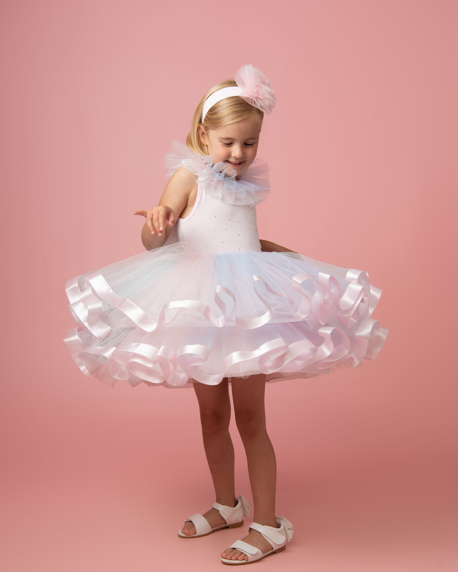 Pastel Rainbow Tulle Dress with Satin Trim