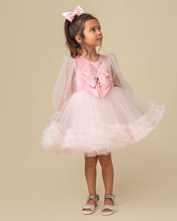 Tulle Balloon Sleeve Party Dress with Velour Bow