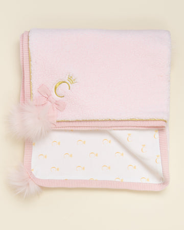 Pink Teddy Fleece Blanket with Embroidered Initial and Pom-Poms