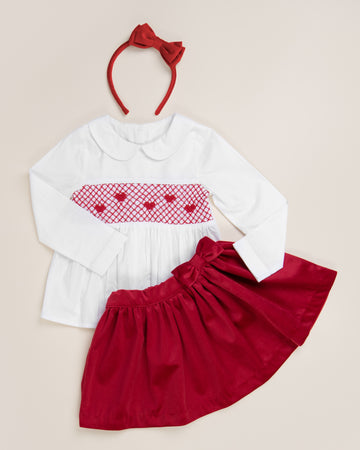 Smocked Heart Velour Skirt Set with Bow Hairclip