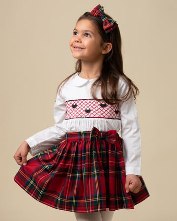 Smocked Heart Velour Skirt Set with Bow Hairclip