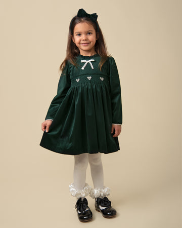Smocked Heart Velour Dress with Lace Trim and Frill Collar