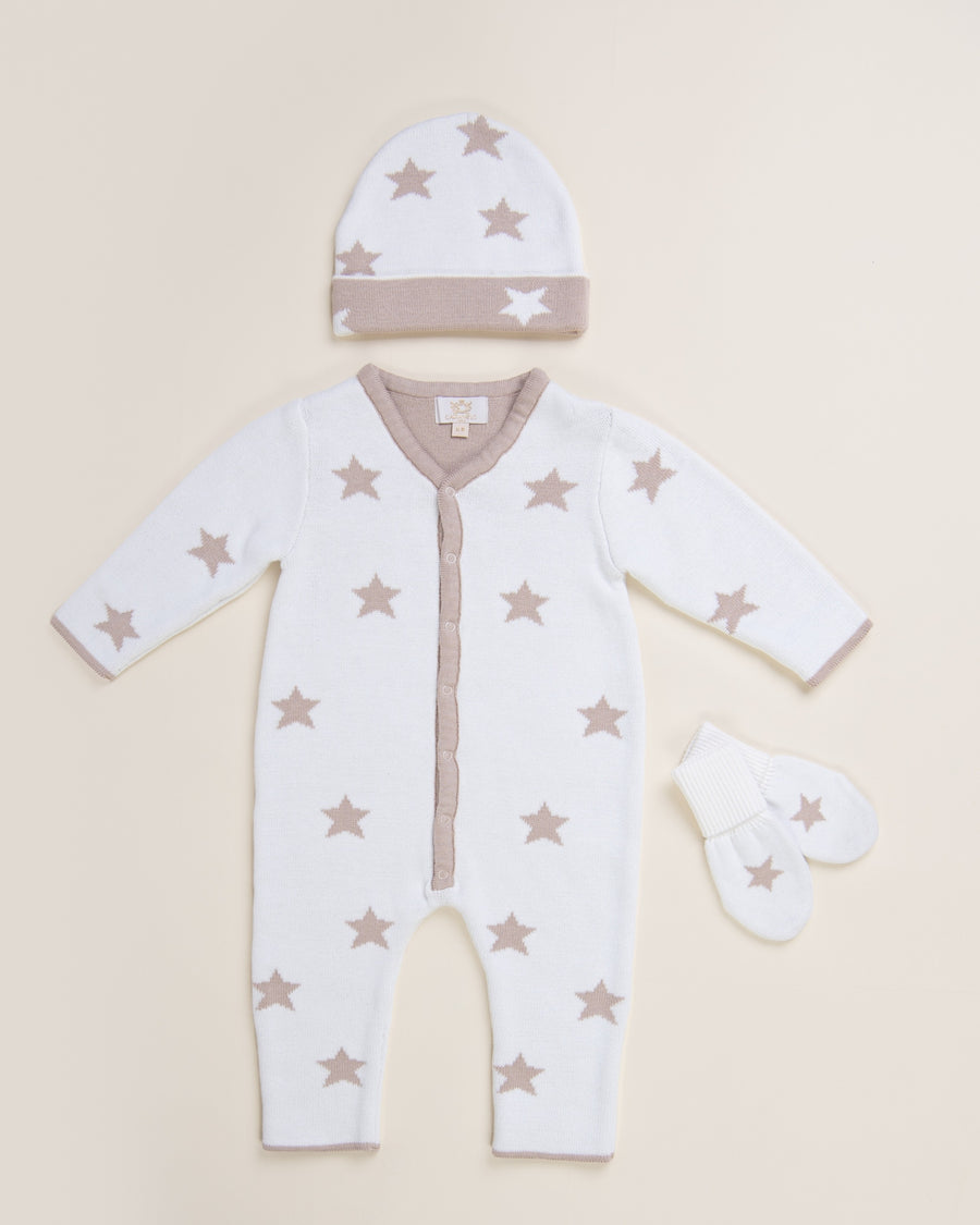 Ivory Star-Print Baby 3-Piece Sleepsuit Set