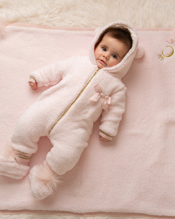 Pink Fleece Hooded Baby Romper with Bow Detail