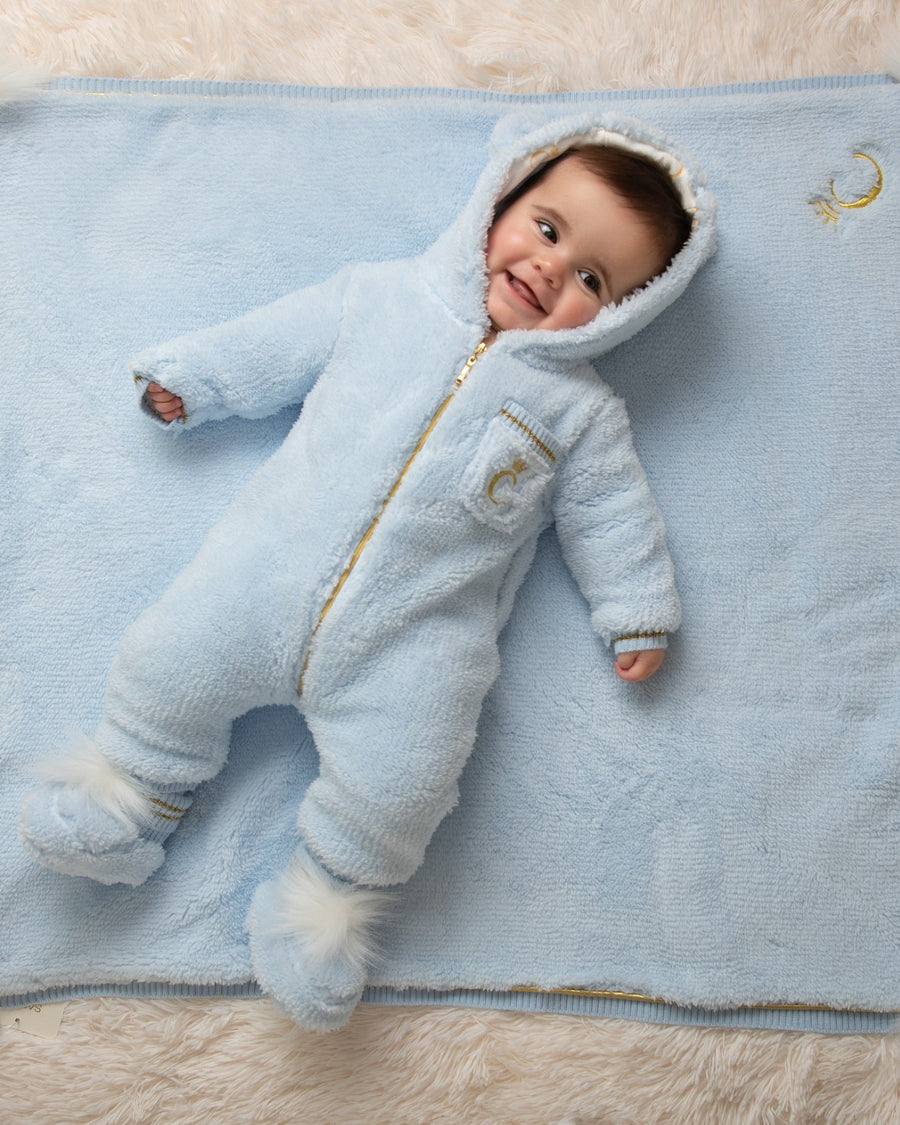 Sky Sherpa Baby Romper with Bear Ears Hood