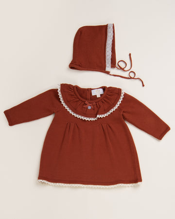 Knitted Dress with Crochet Trim Detail and Bonett