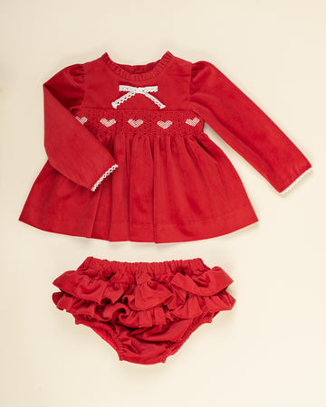 Smocked Heart Velour Jampant Set with Lace Trim and Frill Collar