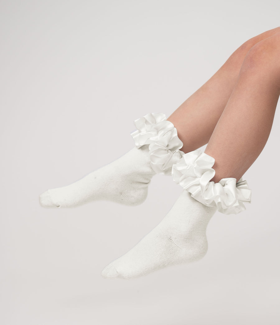 Ivory Satin Ruffle Ankle Socks