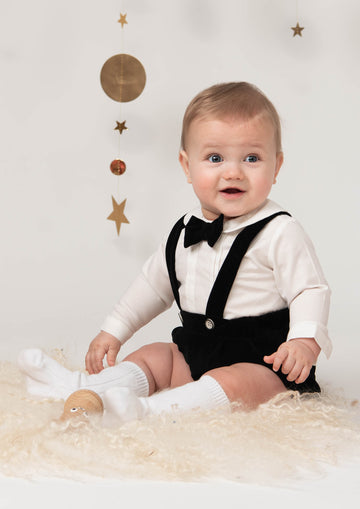 Black Velvet Suspender Shorts Outfit with Bow Tie