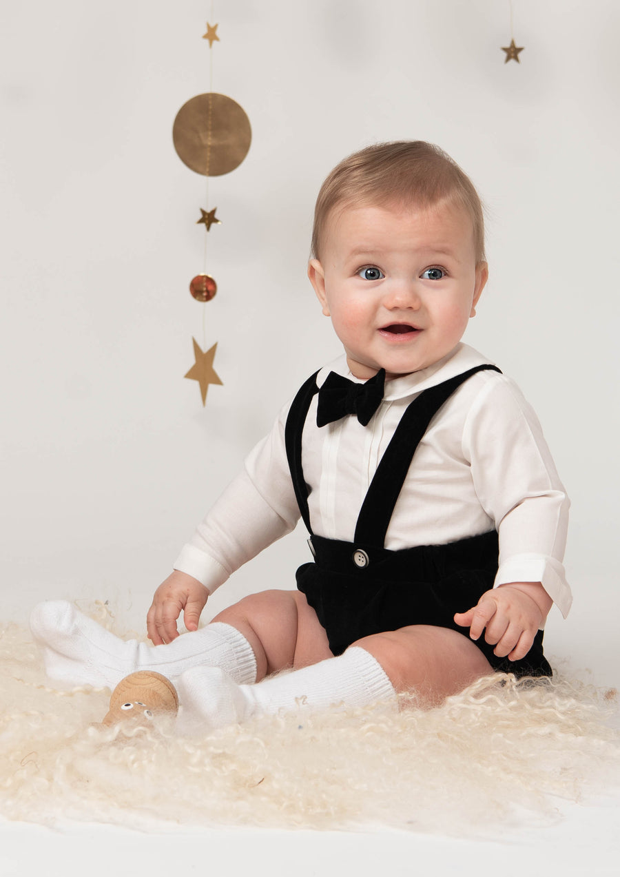 Black Velvet Suspender Shorts Outfit with Bow Tie