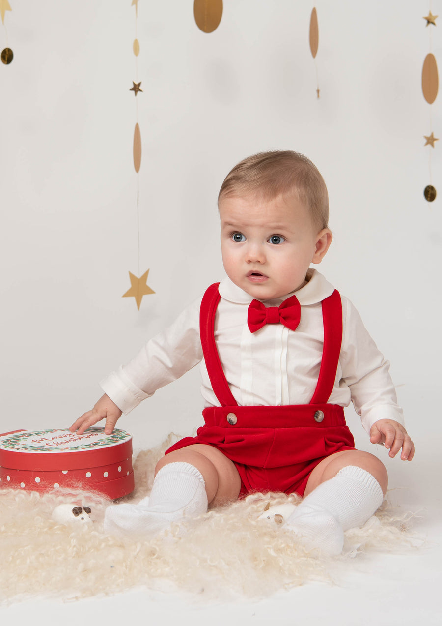 Red Suspender Shorts Outfit with Bow Tie