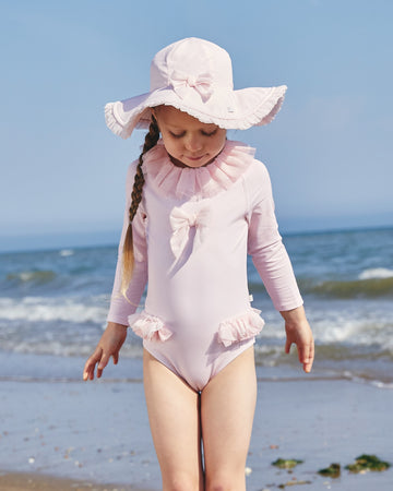 Pink Sun Hat with Bow and Tulle Ruffle Trim