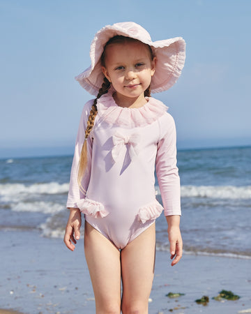 Pink Long-Sleeve Swimsuit with Tulle Accents (UPF50)