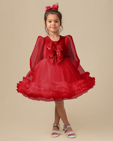 Tulle Balloon Sleeve Party Dress with Velour Bow