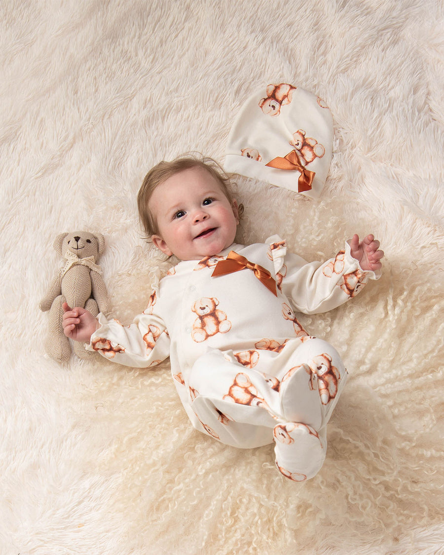 Ivory Teddy Bear Baby Sleepsuit with Matching Hat