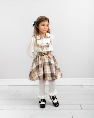 Beige Plaid Two-Piece Set with Bows and Ruffle Collar