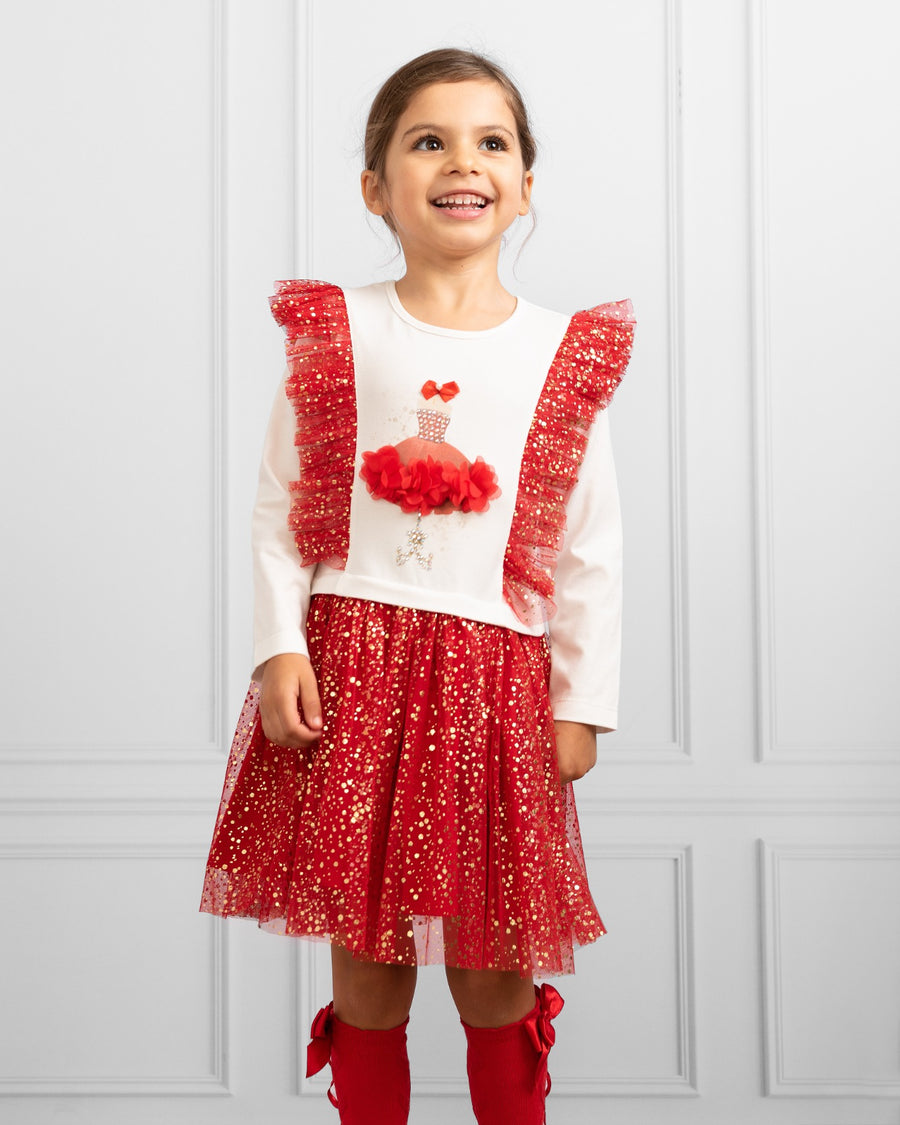 Red Glittery Dress with Floral 3D Embellishments (1-4 years)