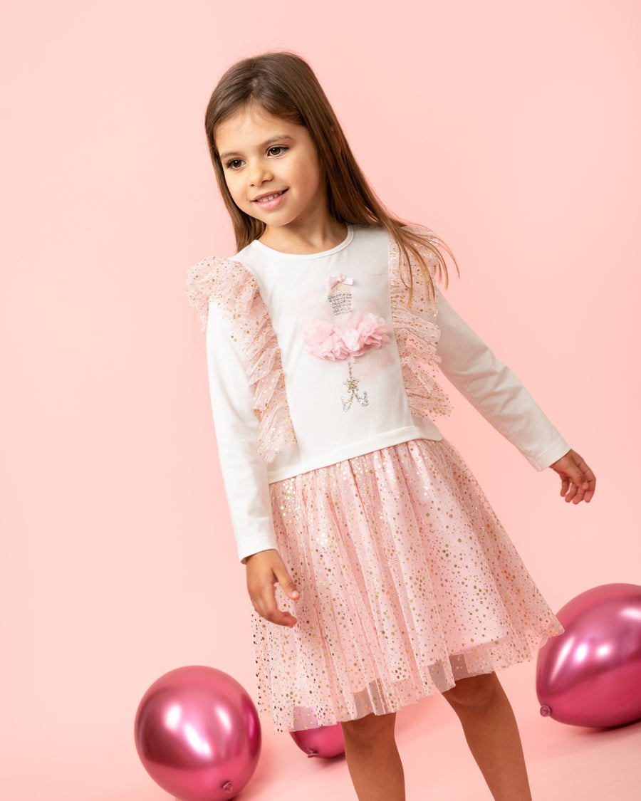 Pink Glittery Dress with Floral 3D Embellishments (1-4 years)