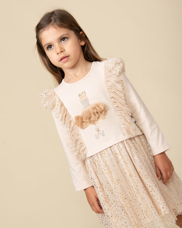 Mink Glittery Dress with Floral 3D Embellishments (1-4 years)