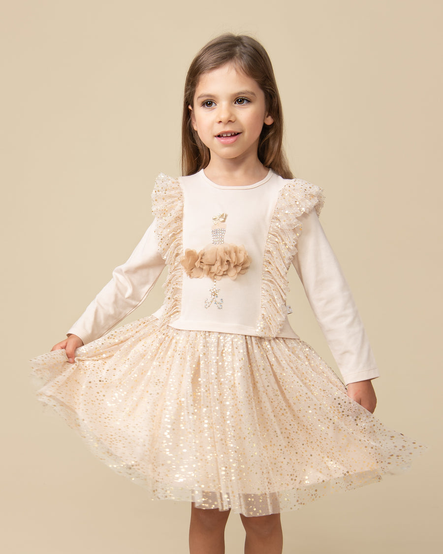 Mink Glittery Dress with Floral 3D Embellishments (5-9 years)