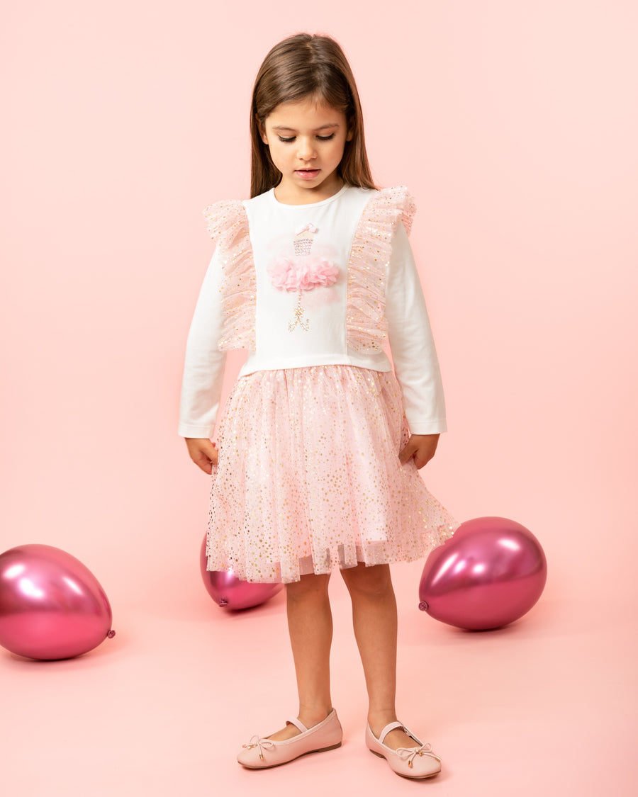 Pink Glittery Dress with Floral 3D Embellishments (5-9 years)