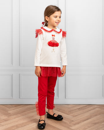 Red Glittery Leggings Set with 3D Floral Details (12 months-3 years)