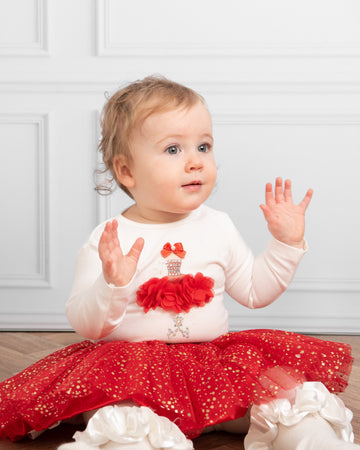 Red Glittery Skirt and Bodysuit Set with 3D Floral Embellishments (0-18 months)