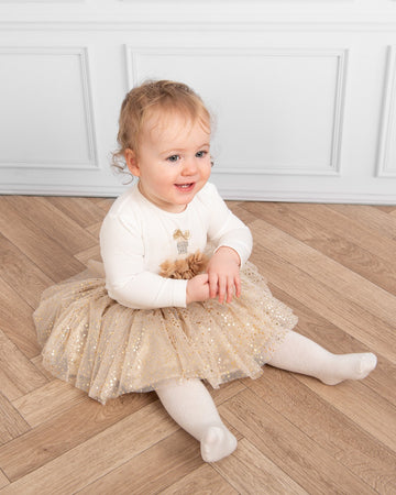 Mink Glittery Skirt and Bodysuit Set with Floral 3D Embellishments (0-18 months)