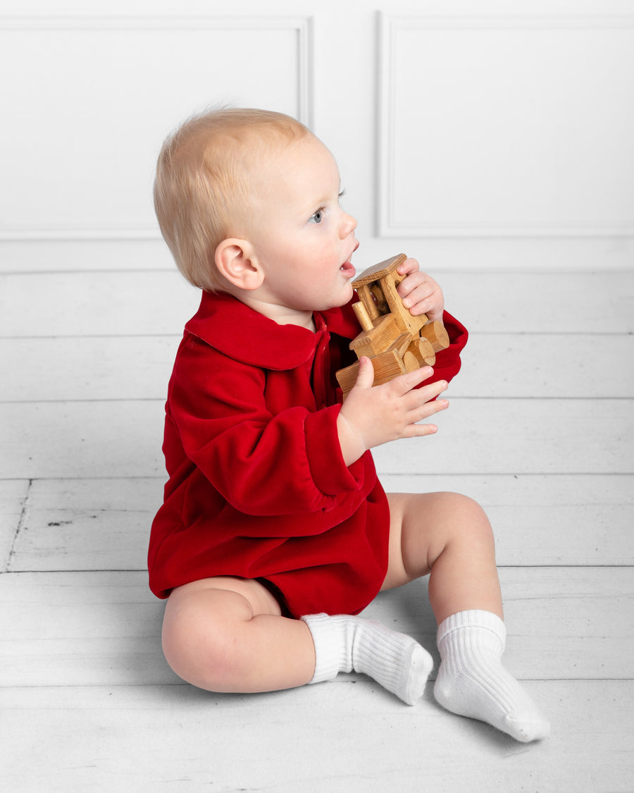 Red Long-Sleeve Romper with Peter Pan Collar and Satin Pocket