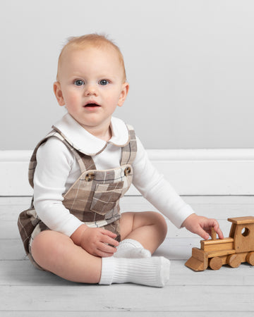 Beige Plaid Baby Romper with White Peter Pan Collar