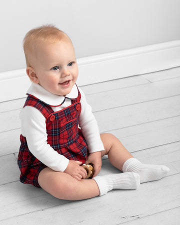 Red Tartan Plaid Baby Romper with White Peter Pan Collar