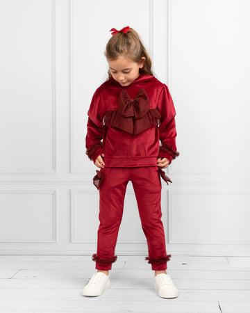 Red Velour Two-Piece Set with Hood and Bow Details