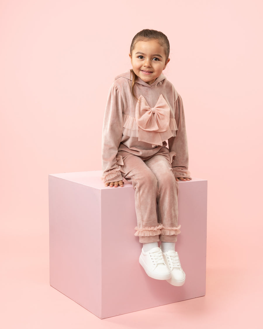 Pink Velour Two-Piece Set with Hood and Bow Details