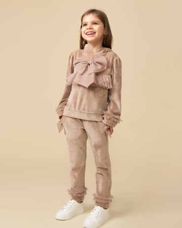 Beige Velour Two-Piece Set with Hood and Bow Details