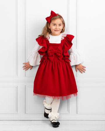 Red Sleeveless Pinafore Dress with Ruffles and Bow Headband Set