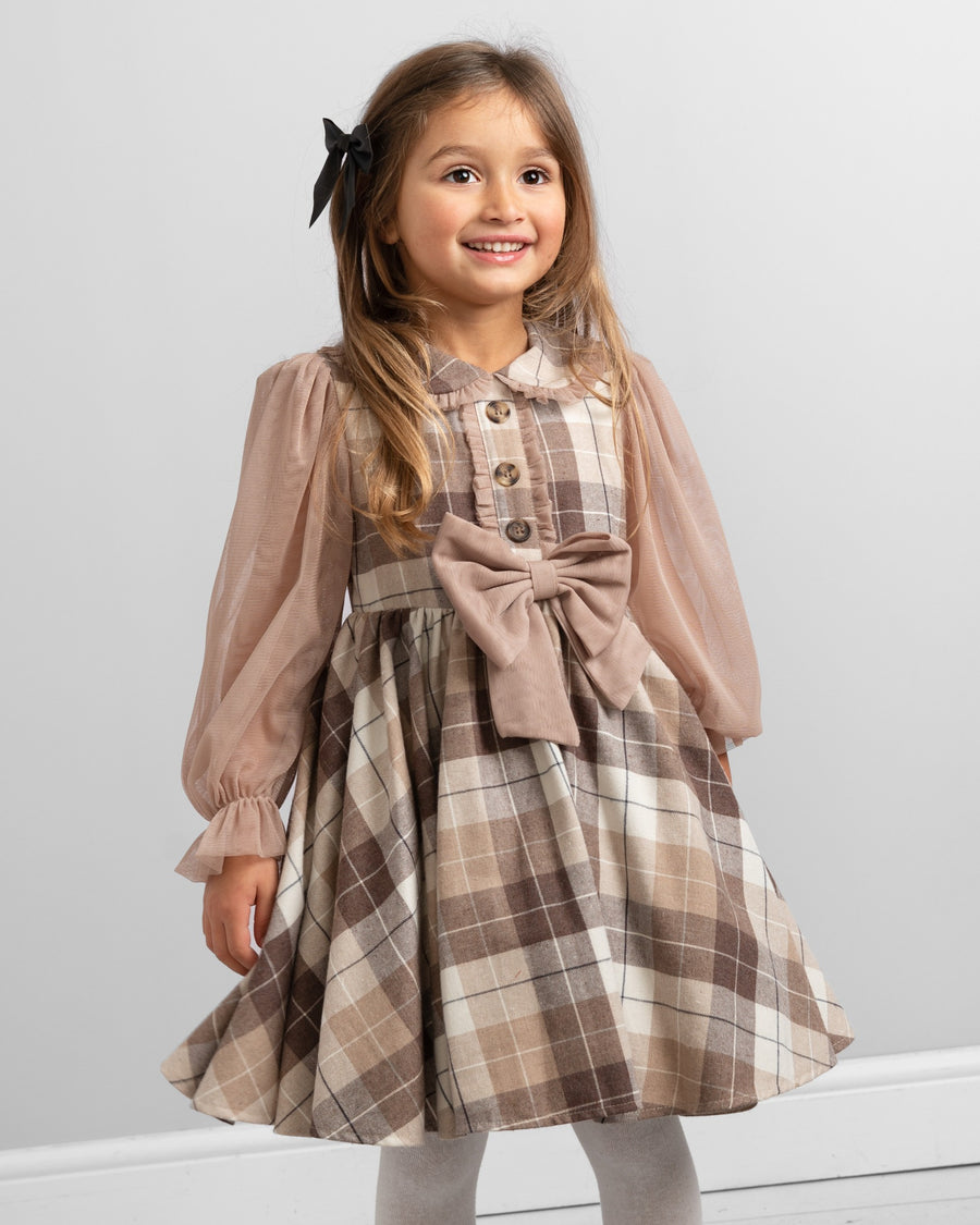 Beige Plaid Dress with Bow and Puff Sleeves