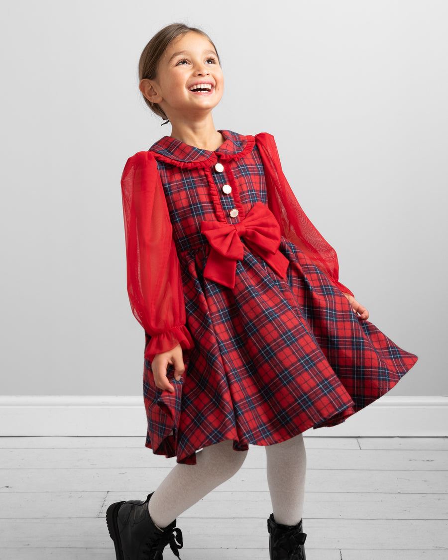 Red Tartan Plaid Dress with Bow and Puff Sleeves