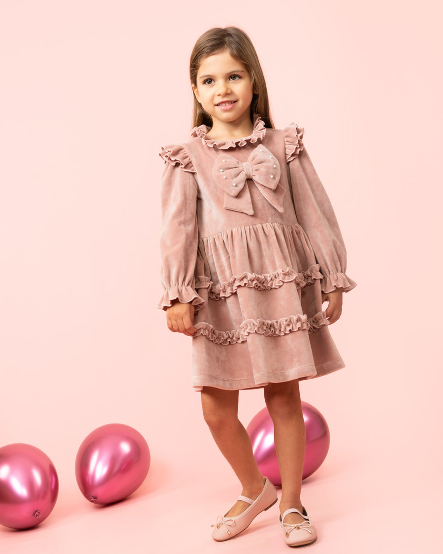 Pink Long-Sleeve Velour Dress with Pearl Bow and Headband