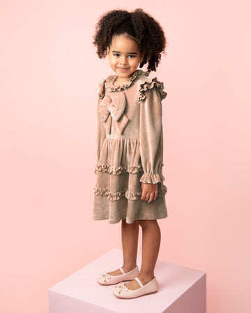 Beige Long-Sleeve Velour Dress with Pearl Bow and Headband