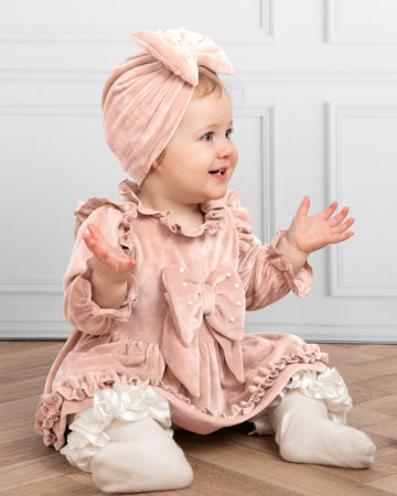 Velour Tiered Dress with Pearl Bow and Turban